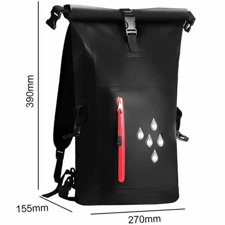 25L Waterproof Backpack Waterproof Bucket Bag With Reflective Strip(Black)