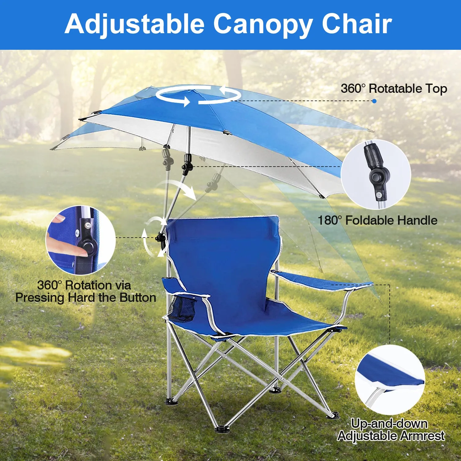 Foldable Beach Chair with Detachable Umbrella Armrest Adjustable Canopy Stool with Cup Holder Carry Bag