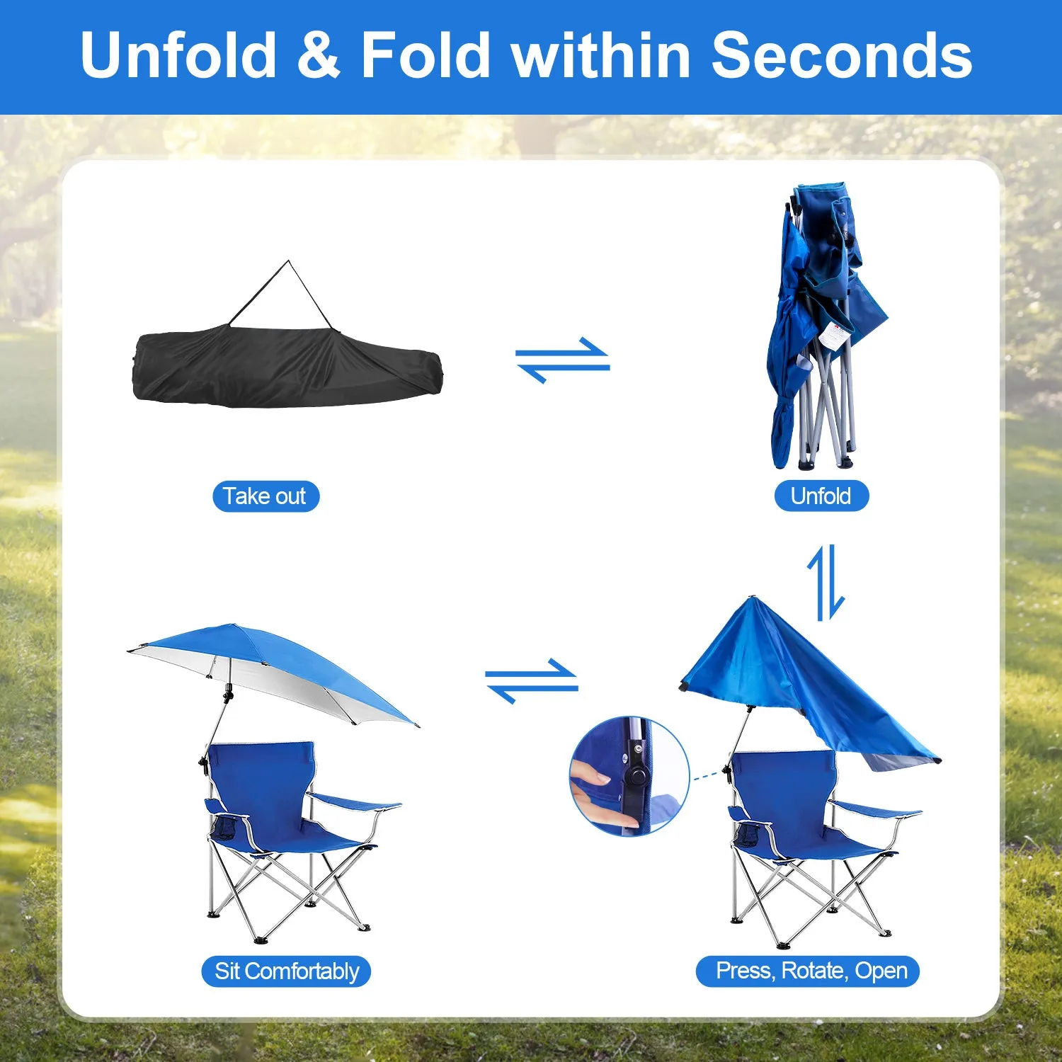 Foldable Beach Chair with Detachable Umbrella Armrest Adjustable Canopy Stool with Cup Holder Carry Bag