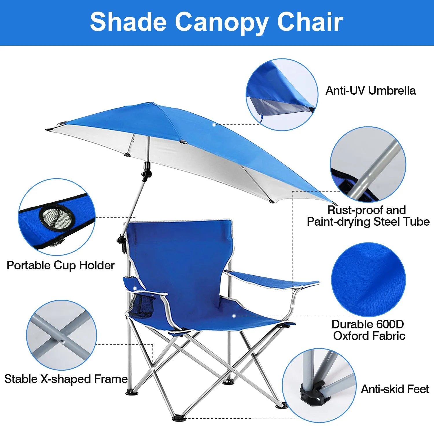 Foldable Beach Chair with Detachable Umbrella Armrest Adjustable Canopy Stool with Cup Holder Carry Bag