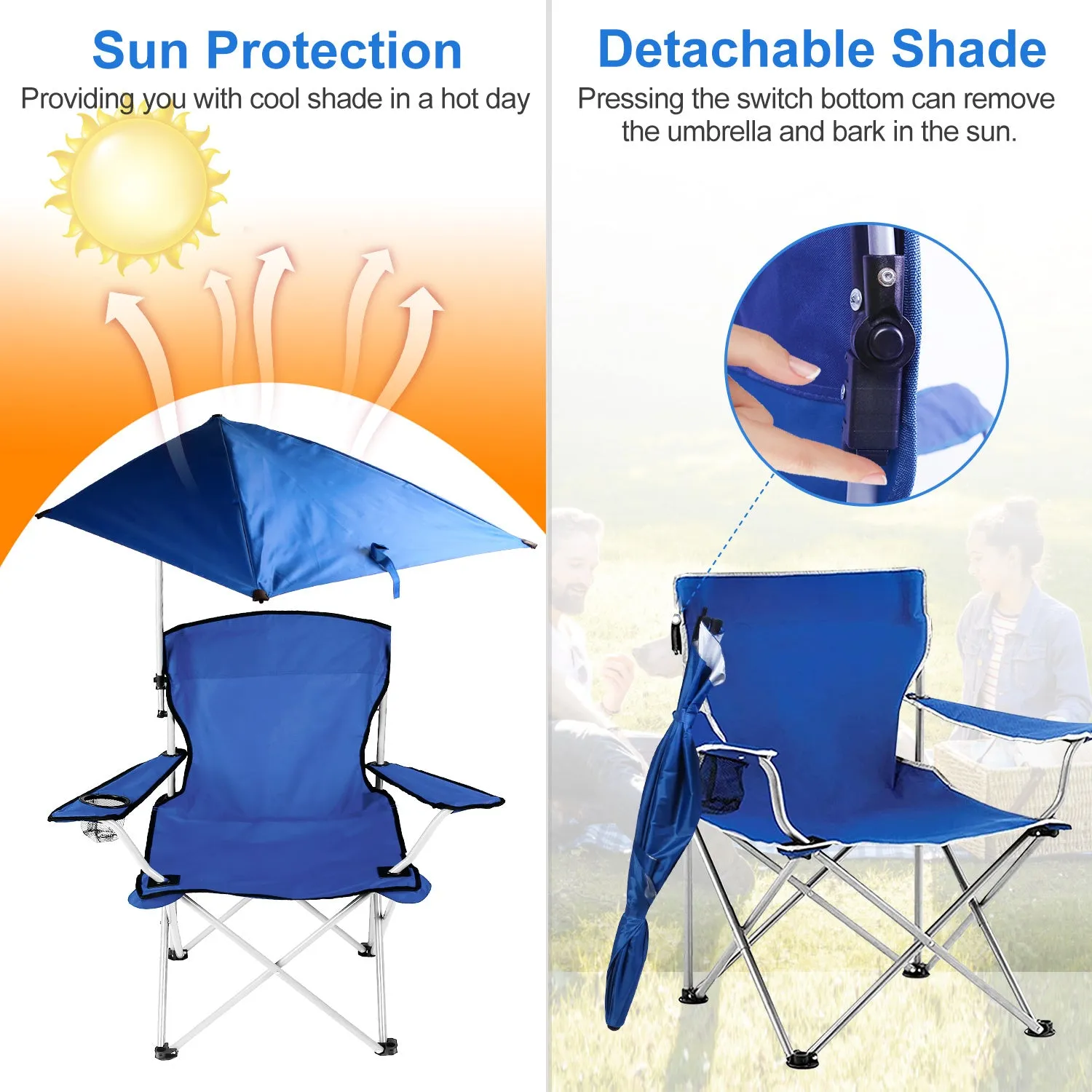 Foldable Beach Chair with Detachable Umbrella Armrest Adjustable Canopy Stool with Cup Holder Carry Bag