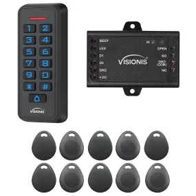 FPC-6424 Visionis VIS-3008 Access Control Black Outdoor IP68 Keypad And Card Reader Standalone With Mini Controller   Wiegand 26, No Software, EM Cards, 1000 Users   10 Pack Of Proximity Key Tags