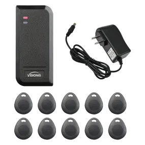 FPC-6435 VIS-3100 Access Control Black Outdoor IP66 Card Reader Only Compatible With Wiegand 26 Bit With Power Supply And A Pack Of 10 Proximity Key Tags Included