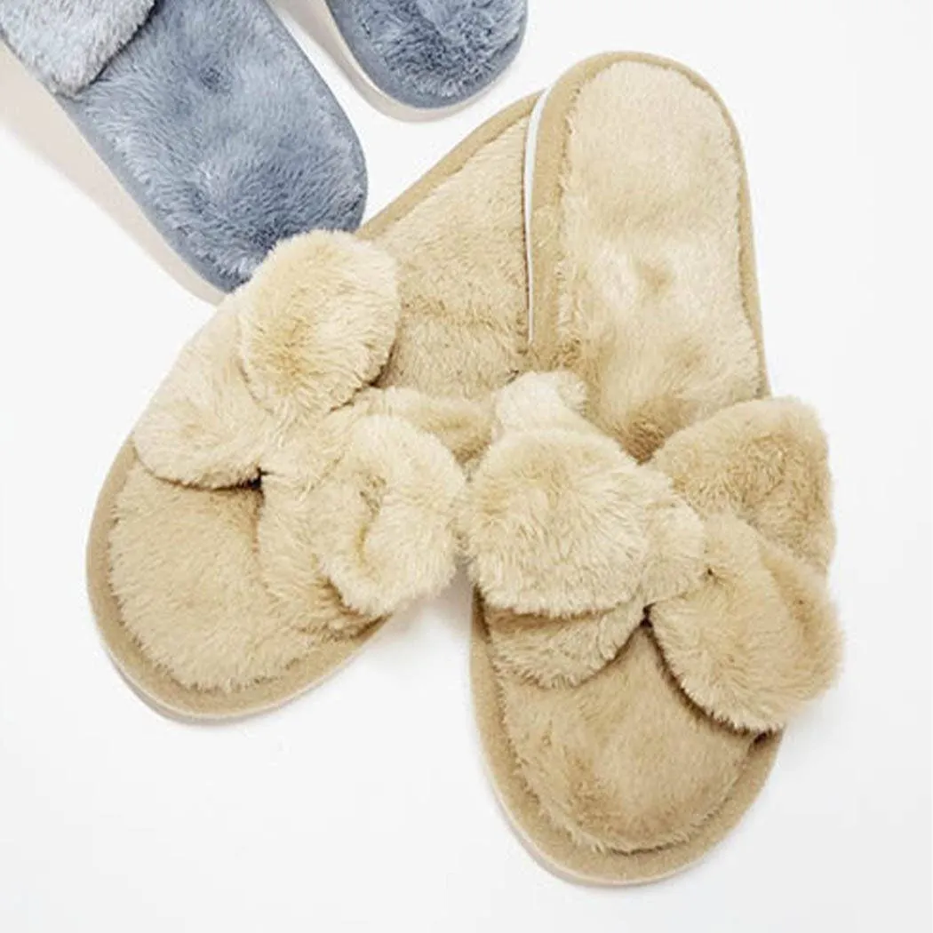 Fuzzy Bow Open Toe Slippers