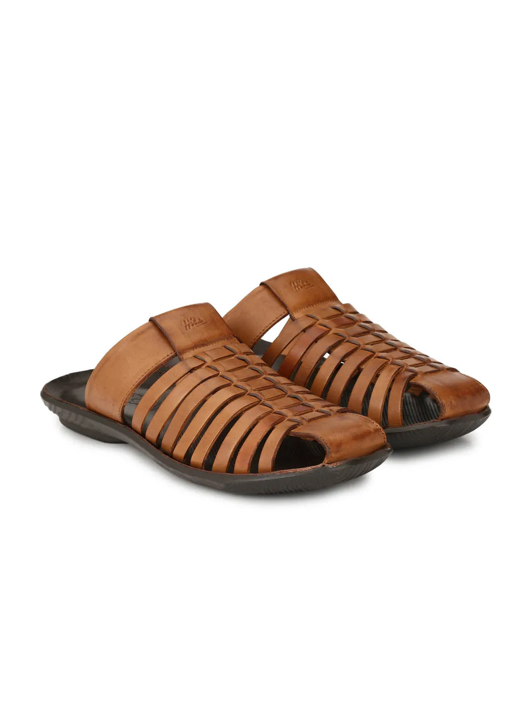 Hitz Men's Tan Leather Indoor Outdoor Comfort Slippers