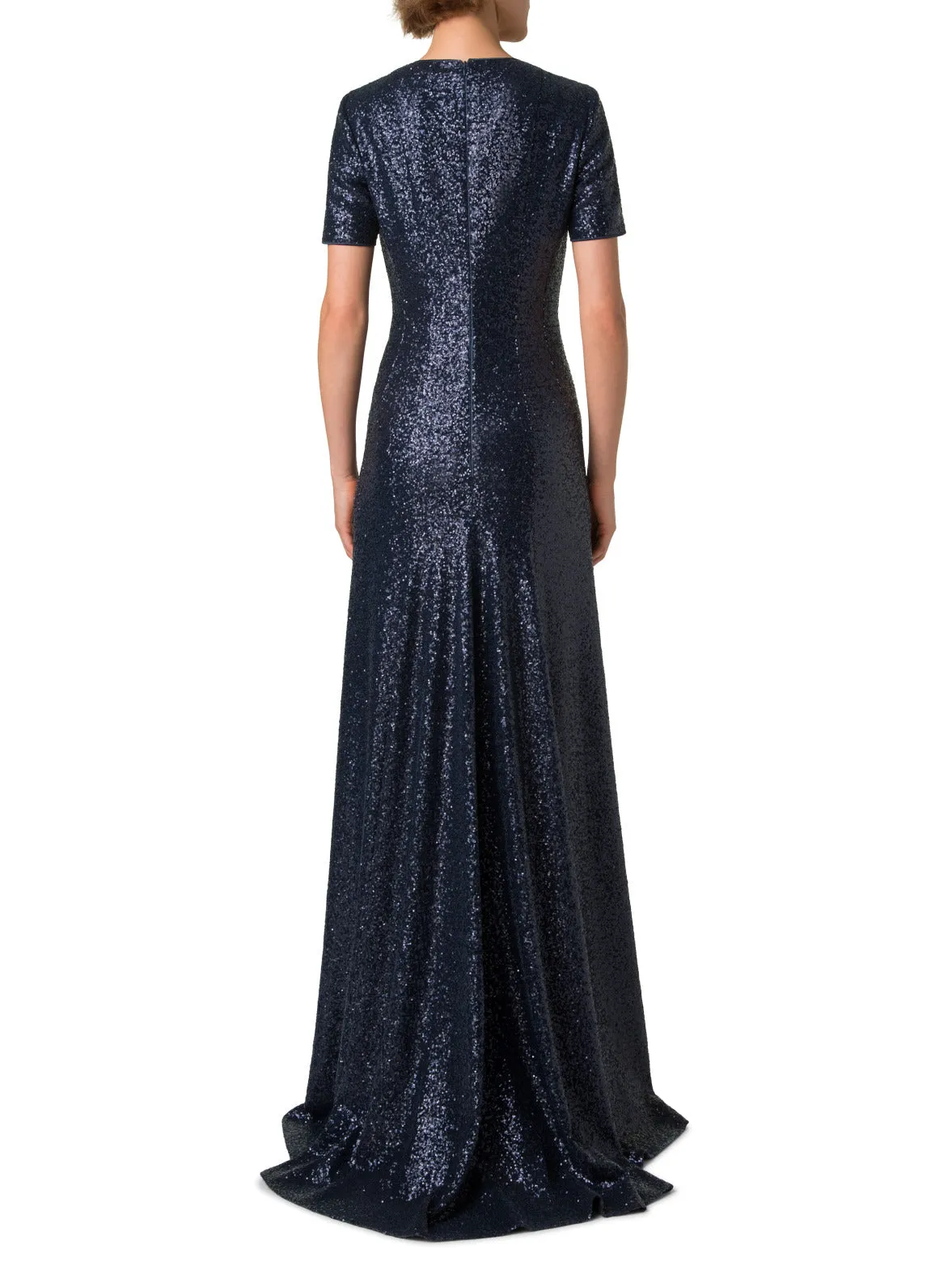 Long Sequined Evening Gown with Short Sleeves