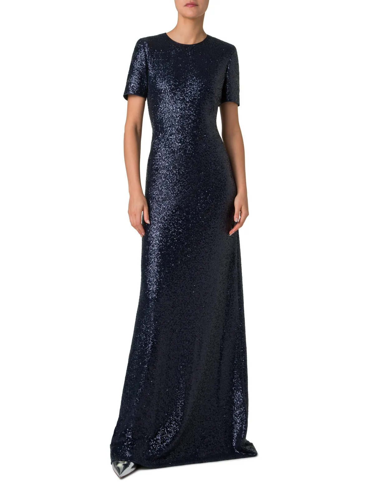 Long Sequined Evening Gown with Short Sleeves