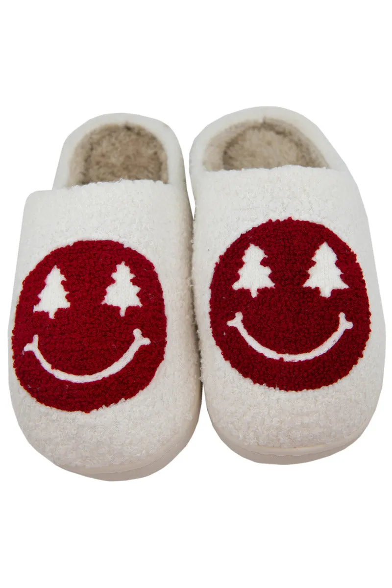 Red Christmas Tree Eyes Happy Face House Slippers