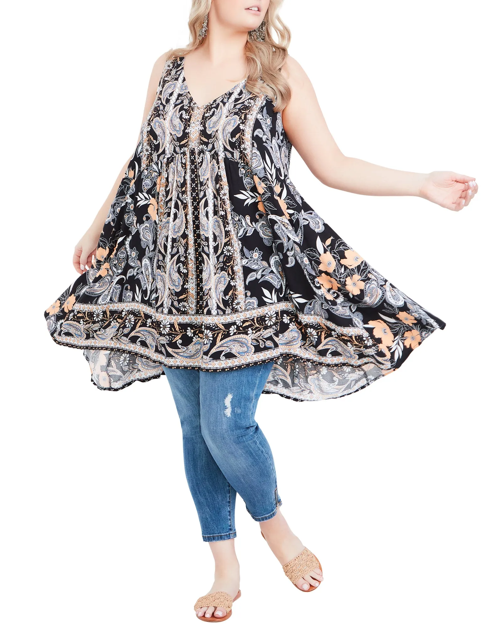 Skye Hi-Lo Paisley Floral Print Tunic | Black / White