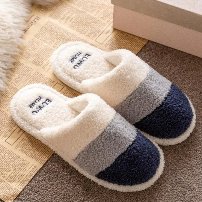 Unisex couple winter slippers color stripe furry warm house shoes with arch support