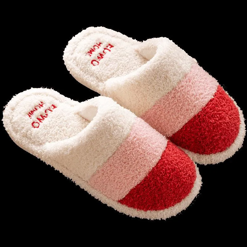 Unisex couple winter slippers color stripe furry warm house shoes with arch support