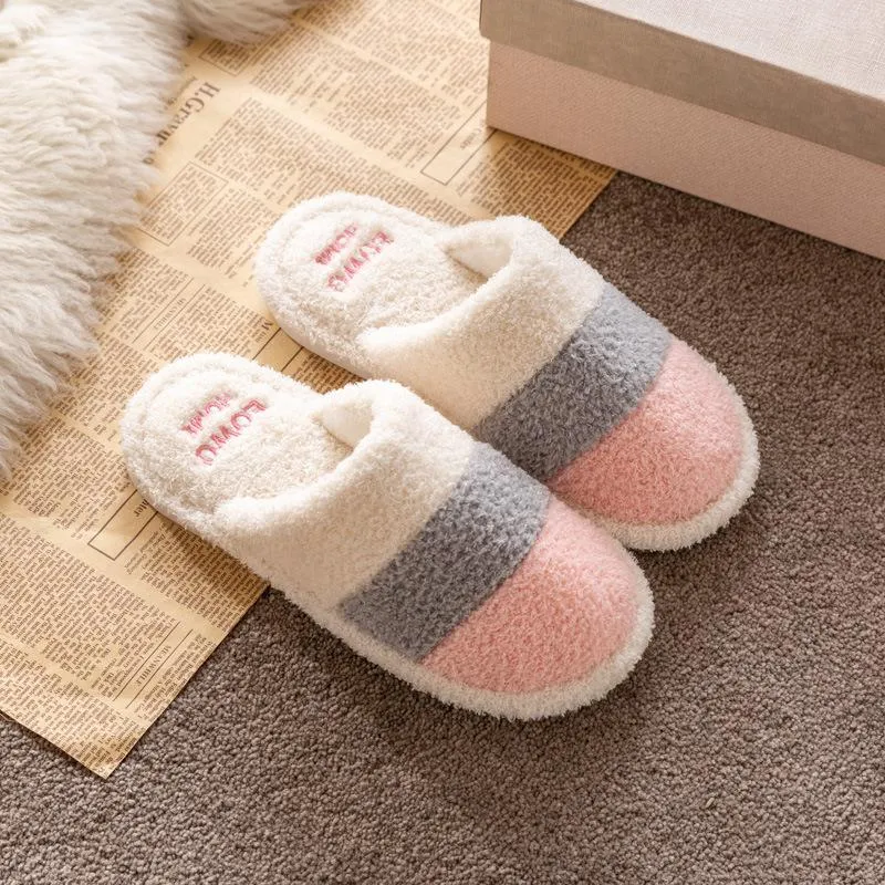 Unisex couple winter slippers color stripe furry warm house shoes with arch support