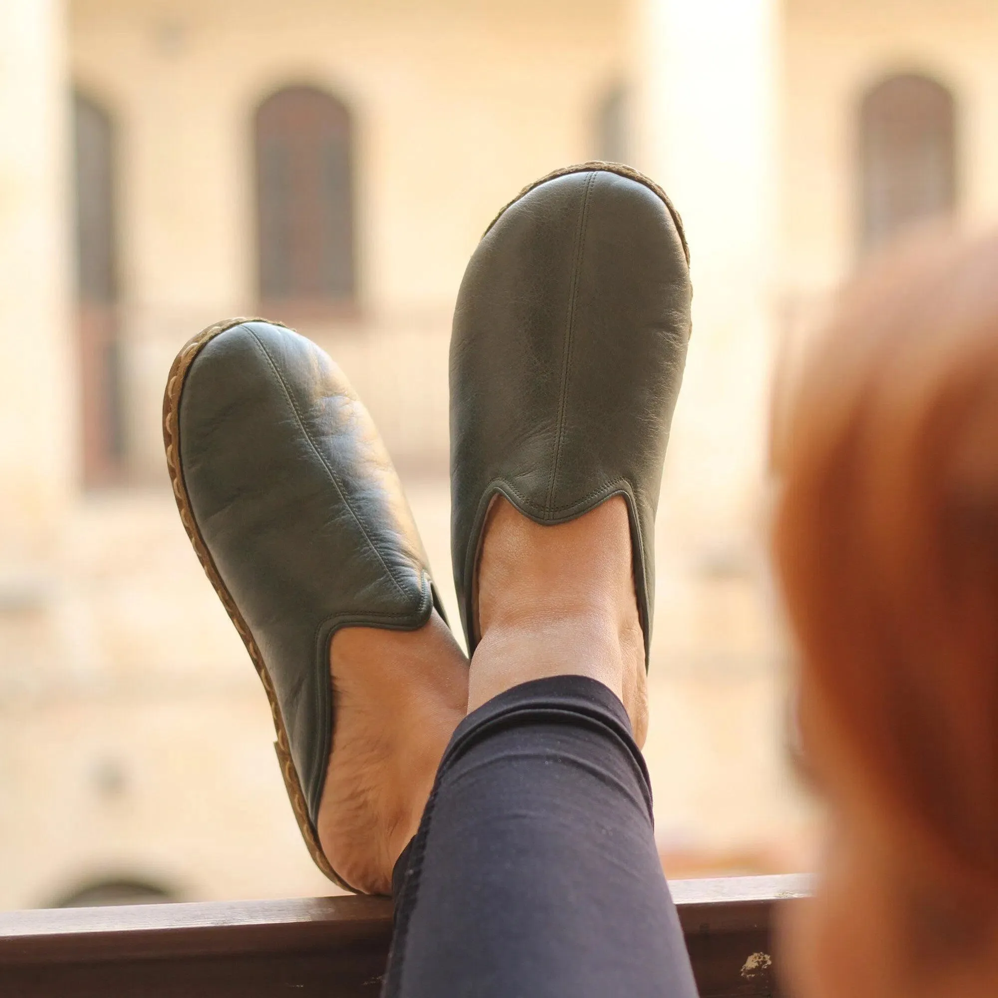 Winter Green Barefoot Close Toed Leather Slippers