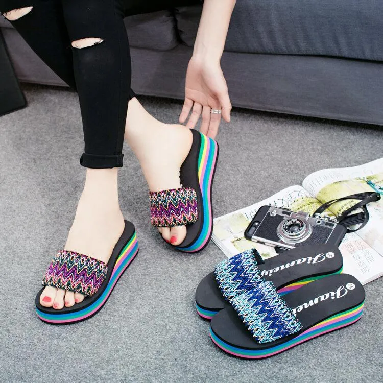 Women indoor outdoor summer beach slide colorful platform sandals