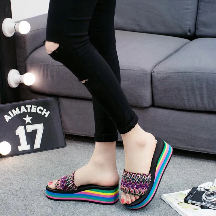 Women indoor outdoor summer beach slide colorful platform sandals