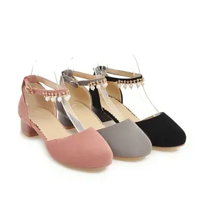 Women's Solid Color Suede Round Toe Hollow Out Pearls Ankle Strap Low Block Heels Sandals