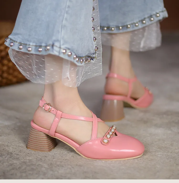 Women's Square Closed Toe Hollow Out Beading Medium Block Heel Sandals