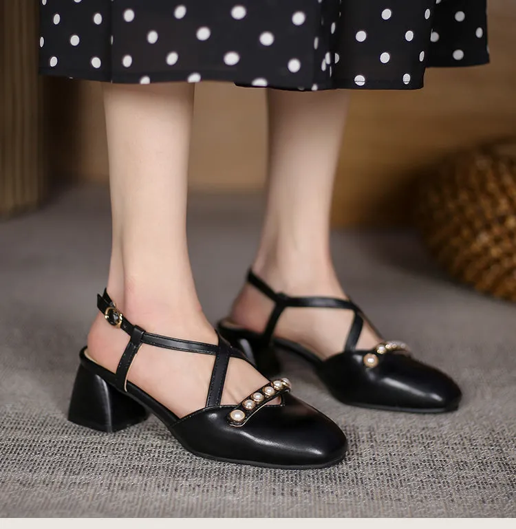 Women's Square Closed Toe Hollow Out Beading Medium Block Heel Sandals